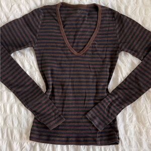 Brandy Melville V-Neck Long Sleeve Striped Blue-Black & Brown Top
